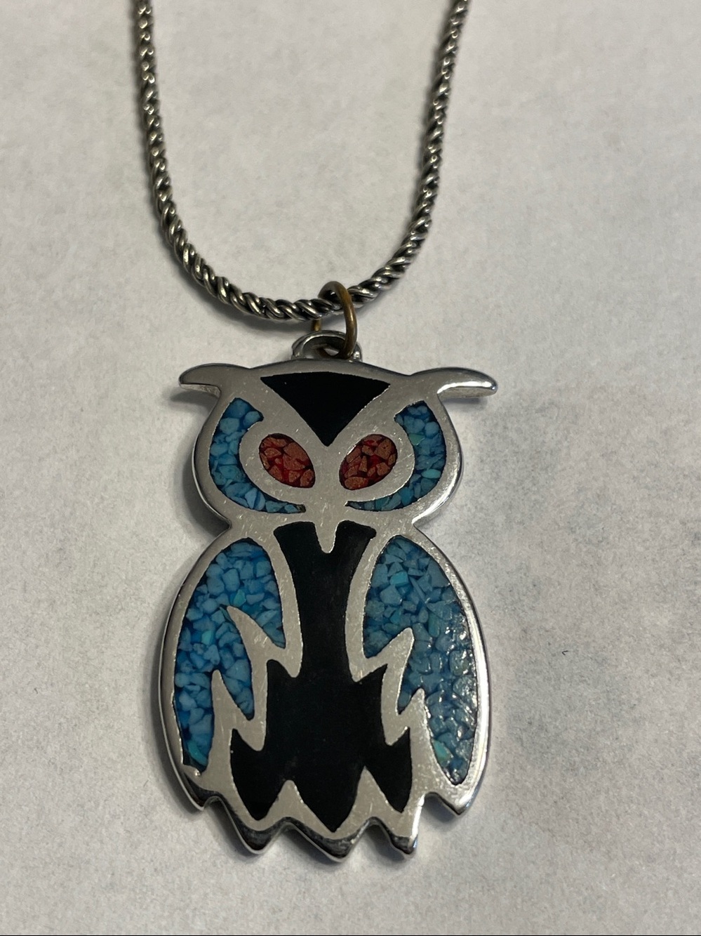 Vintage Owl Necklace Silver Tone Chip Inlay-Sterling Chain